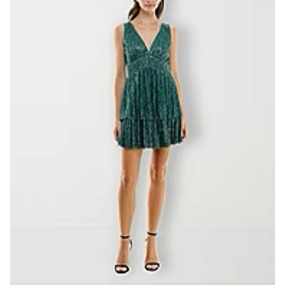 Trixxi‎ Women's Juniors' Teal Metalic Tiered  V-neck Mini Dress Size L NEW